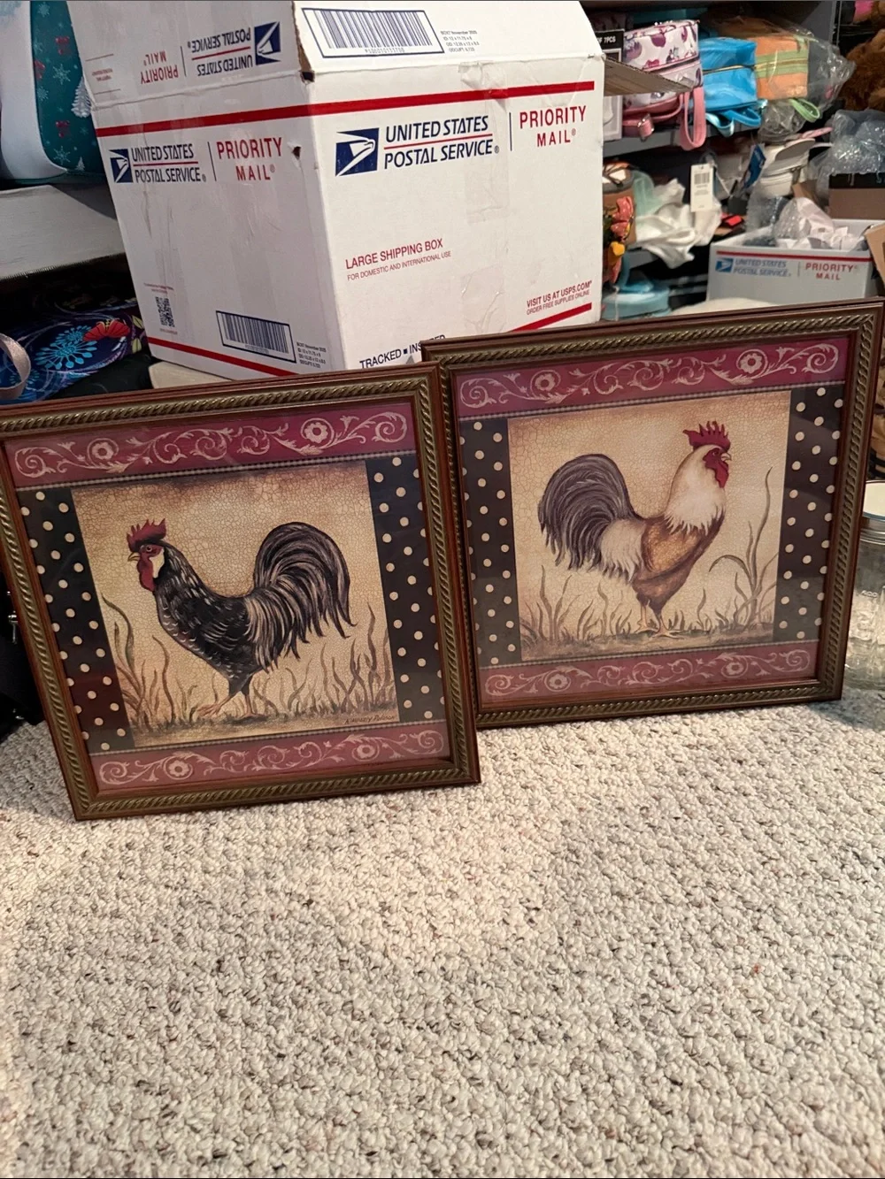2005 Home Interiors Rooster Farmhouse Wall Art Pair - Rustic Red and Brown